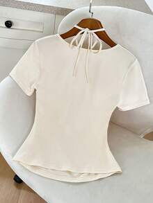 GlowEve Áo thun ngắn tay ôm dáng mùa hè màu mơ, kiểu dáng 2 trong 1, cổ Pháp, đính hạt cườm, buộc dây phía trước, dành cho nữ. - Màu be - Xem 2