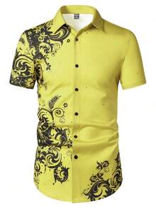 Manfinity AFTRDRK Men's Floral Print Single-Breasted Casual Versatile Commuting Short Sleeve Shirt - Light Yellow - View 3