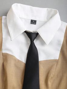 Sweetra 秋冬休闲通勤长袖系领撞色衬衫+阔腿长裤两件套，学院风女装 - 卡其色 - 查看 5