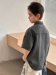 Dazy Kids Tween Boy Solid Color Front Button Pocket Casual Short Sleeve Denim Shirt Summer - Grey - View 5