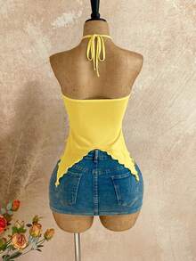 Soleia 女士不对称下摆贝壳装饰背心，适合海滩度假和夏季穿着 - 黃色 - 查看 2