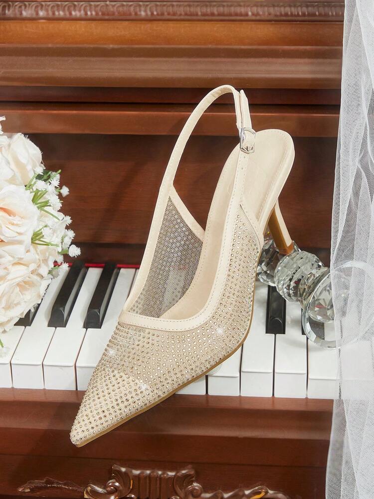CUCCOO HITCHD Spring And Autumn New Product Rice Apricot Fine Heel Pointed Toe Mesh Hollow Rhinestone Fashion Sexy Women's High Heel Shoes