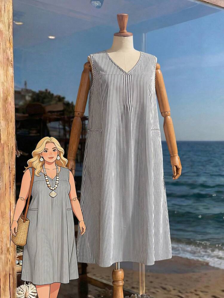 Plus Size Summer Casual Striped V-Neck Sleeveless Dress  Summer Dress  Summer Outfits Summer Clothes Spring Dress Spring Outfit Women Spring Clothing Country Style For Women Country Dress For Women Vacation Outfits Women  Seaside Retro Mannequin Window Display