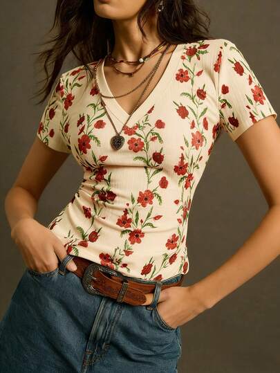 SoleilVie Áo thun ngắn tay cổ chữ V ôm dáng, in họa tiết hoa cổ điển, chất liệu dệt kim co giãn, mềm mại, thân thiện với da, thích hợp mặc mùa hè cho nữ.