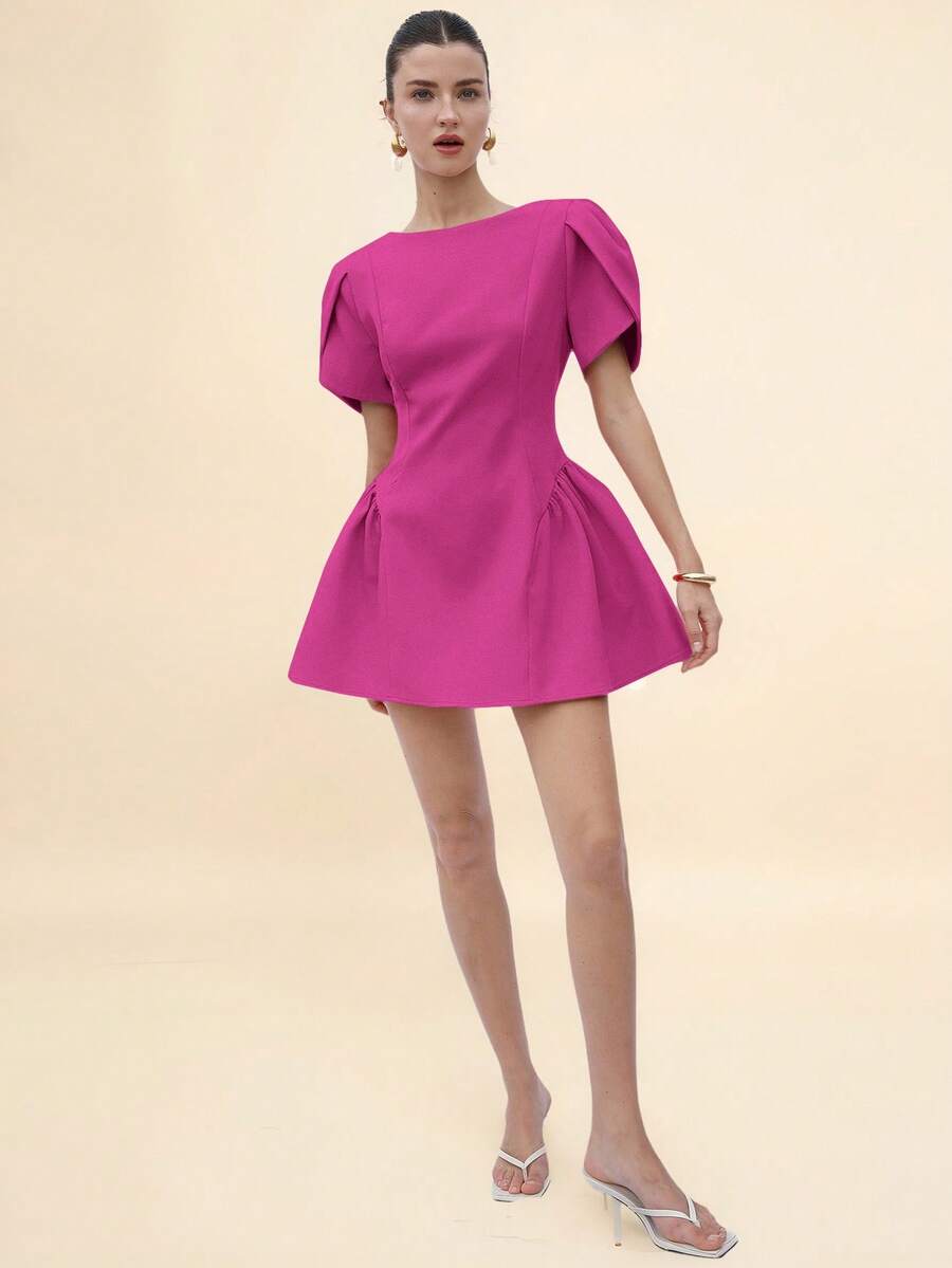 BELROSIE Italian Style Tulip 3D Short Sleeve Round Neck Peplum Hem Split Skirt Women Short Princess Dress - Rose Red - View 1