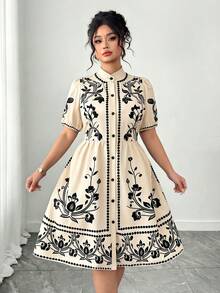 Elenzga 大码女士优雅复古印花连衣裙，短袖纽扣前襟A字裙，适合日常通勤、外出、正式场合，休闲连衣裙，夏季连衣裙，最新款式连衣裙，高品质连衣裙，法式风格连衣裙 - 杏色 - 查看 3