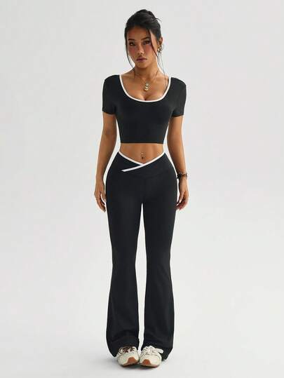 Dewbera Conjunto deportivo de verano para mujer con mangas cortas, ajustado y con ribete de contraste