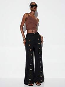 GENKIRA 黑色高腰宽松阔腿及地长裤，前部金属孔眼设计，朋克休闲百搭款 - 黑色 - 查看 5