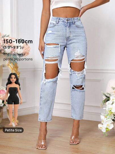 SHEIN PETITE Women's Pocket Distressed Ripped Tapered Casual Versatile Jeans