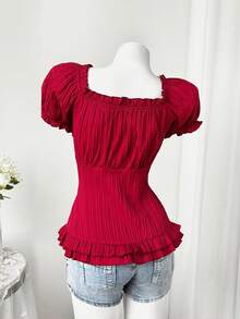 Sweetra Plus Size Women Solid Color Twist Pleated Fitted Casual Blouse - Red - View 2