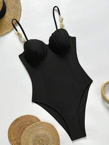 Swim Chiccia 女士连体可拆卸肩带三角高衩泳衣，钢圈支撑，褶皱设计，优雅海滩度假风，不对称珍珠装饰，休闲百搭，春夏款 - 黑色 - 查看 2