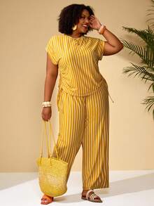 BrightlyHer Bộ đồ nữ cỡ lớn, kiểu dáng thường ngày, kẻ sọc vàng trắng, tay ngắn, có dây rút và quần dài, có túi, thích hợp cho kỳ nghỉ hè. - Màu vàng - Xem 4