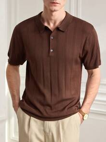 Officeau 男士 Polo 领短袖针织衫，夏季新品，半开襟罗纹套头衫 - 咖啡棕 - 查看 4