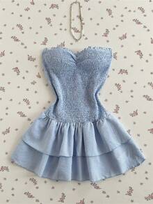 Sweetra Vestido sin tirantes con volantes en el bajo, primavera/verano para mujer - Azul - Ver 6