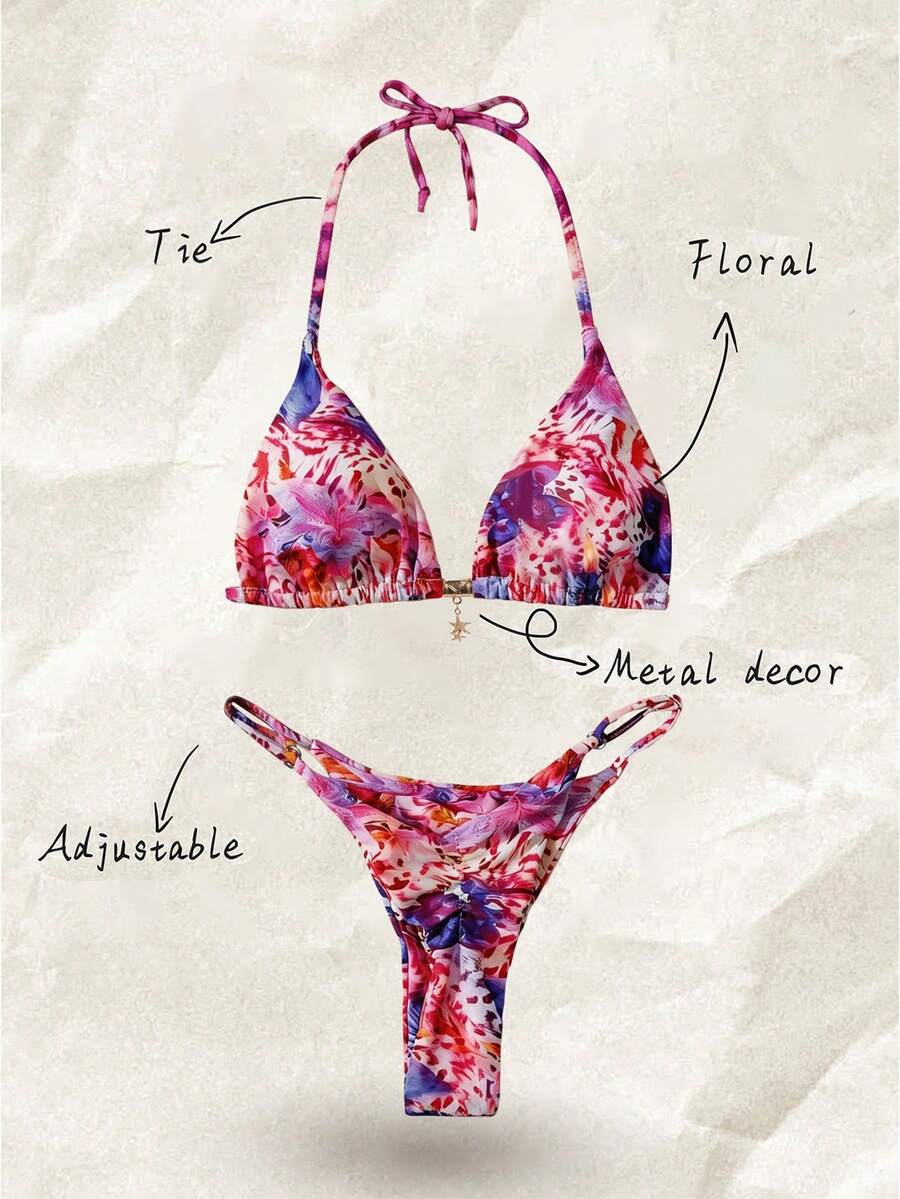 Elavelle Springbreak 女士随机印花吊带性感比基尼泳装套装,夏季沙滩装 - 彩色 - 查看 1