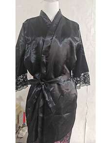 Áo choàng satin nữ viền ren, áo choàng tắm cô dâu, quà tặng phù dâu, áo choàng ngủ ren, áo choàng tắm ren buộc dây, áo choàng tắm mùa hè, áo choàng tắm theo mùa, áo choàng đi học - màu đen - Xem 11