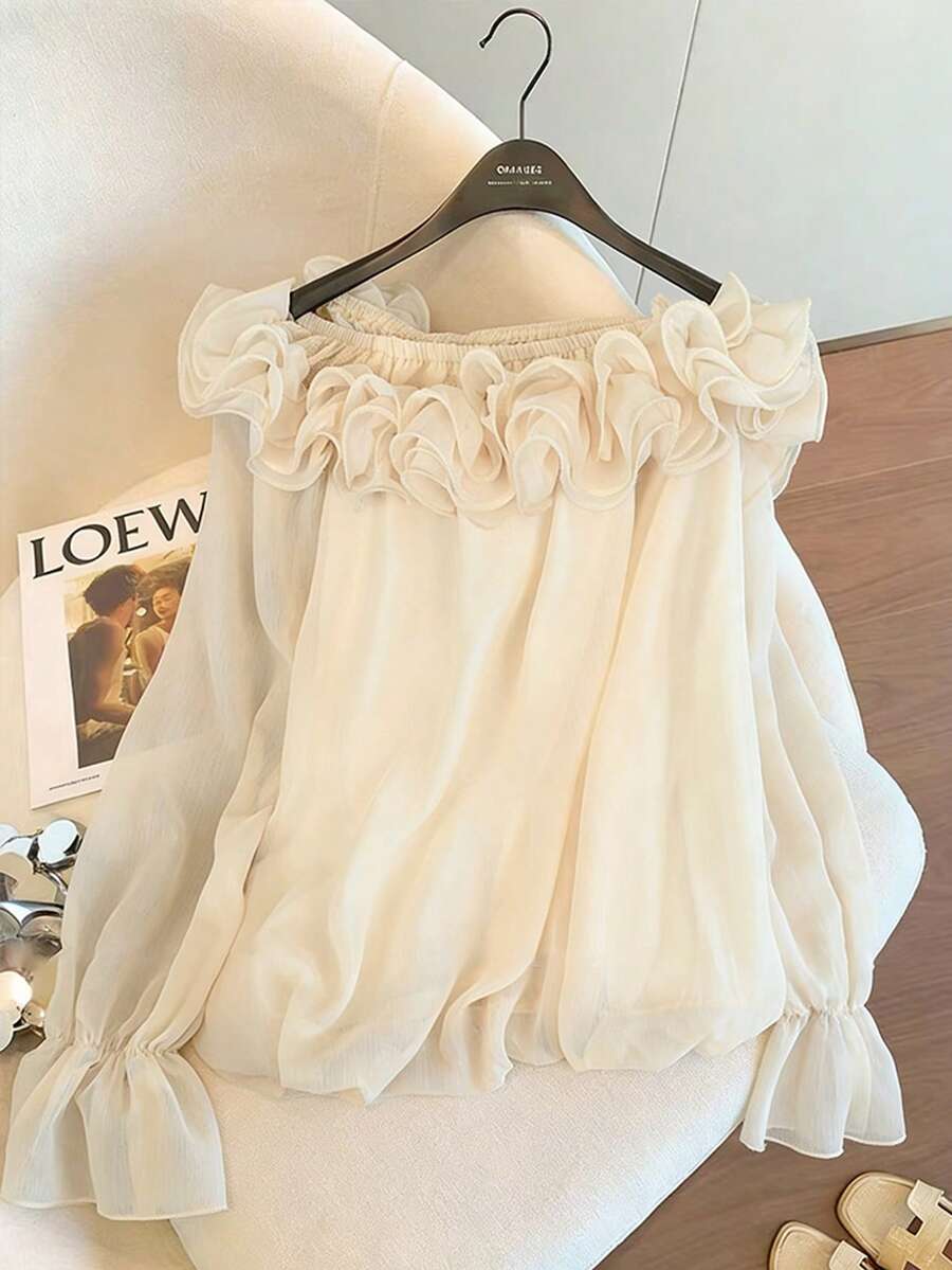SHEIN Franclia Women's Spring/Summer French Elegant Design Lace Patchwork Oblique Shoulder Long Sleeve Apricot Chiffon Casual Blouse Elegant Top For Woman - Apricot - View 1