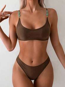 Swim Vcay 2026春夏纯色串珠可调节肩带高开衩侧边棕色亮面女士比基尼两件式泳衣 - 棕色 - 查看 6