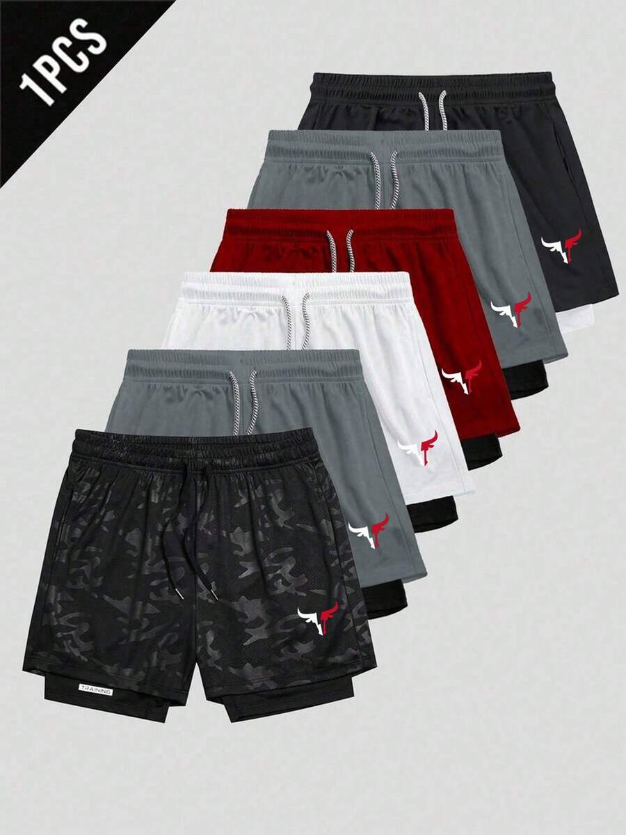Manfinity Sport Corelite Quần short thể thao nam 2 trong 1, in họa tiết, có dây rút ở eo. - màu đen - Xem 1