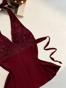 Sweetra 性感蕾丝V领露背设计，饰以精致花卉滚边，复古棕色束腰无袖上衣，夏季度假风 - 紅色 - 查看 5