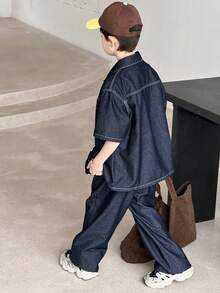 DAZY 青少年男童单排扣短袖上衣和长裤休闲牛仔套装 - 藍色 - 查看 2