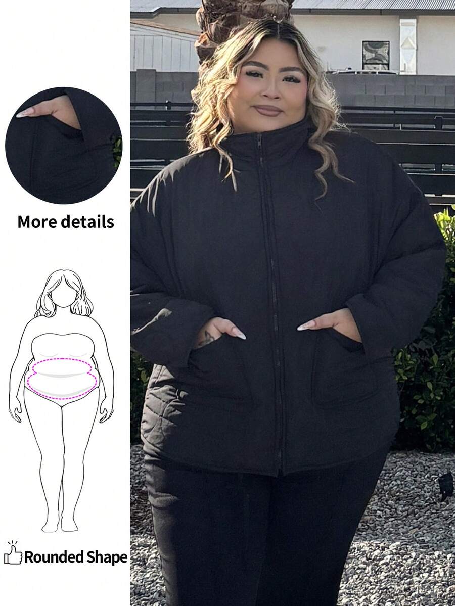 Enliva Plus Size Casual Solid Color Drawstring Hem Jacket, Autumn/Winter Quilted Jacket Black Jacket Fall, For Apple & Rounded Body Shape - Black - View 1