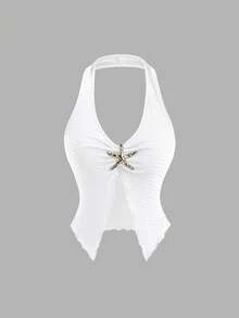 Conjunto de dos piezas con top corto de escote profundo en V y espalda descubierta, y minifalda con botones metálicos retro, estilo sexy europeo y americano, adecuado para primavera/verano, vacaciones, citas - Blanco - Ver 5