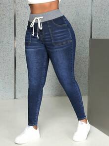 SHEIN CURVE+ Quần jean bó cạp chun có túi rút size lớn cho nữ thường ngày - màu đen - Xem 6