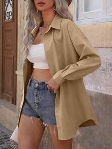 SHEIN Clasi 女士纯色单排扣休闲百搭日常长袖衬衫 - 卡其色 - 查看 4