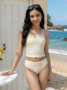 SHEIN Teen Girl Summer Textured Tank Top And Briefs Set - Perfect For Beach, Poolside, And Leisure Vacations In Spring/Summer - Apricot - View 5