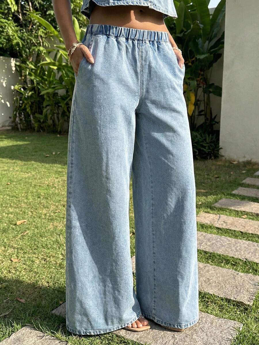 Sunnyshic Quần jeans ống rộng cạp chun thời trang, màu sáng, kiểu dáng thường ngày. - Rửa nhẹ - Xem 1