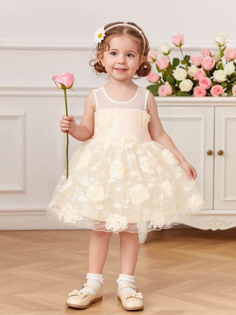 SHEIN Glamorique Kids 女宝宝公主裙,杏色立体花朵连衣裙,网纱缎面,侯夫大蝴蝶结,婚礼花童礼服,女宝宝一周岁生日宴会礼服,生日派对礼服,复活节,夏季,优雅派对礼服,女宝宝连衣裙,女宝宝派对礼服,女宝宝派对礼服,女宝宝礼服,女宝宝婚礼礼服,女宝宝派对礼服 - 杏色 - 查看 1