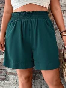 EMERY ROSE Pantalones cortos de lino casuales para mujer talla grande, unicolor, cintura con volantes y bolsillos, estilo bohemio para vacaciones de verano - Verde - Ver 4