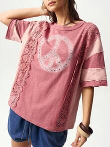 Bohemela Áo thun nữ cổ tròn tay ngắn, màu trơn, kiểu dáng thường ngày, chất liệu dệt kim, phối nhiều mảnh, đã qua xử lý giặt. - Hồng - Xem 2