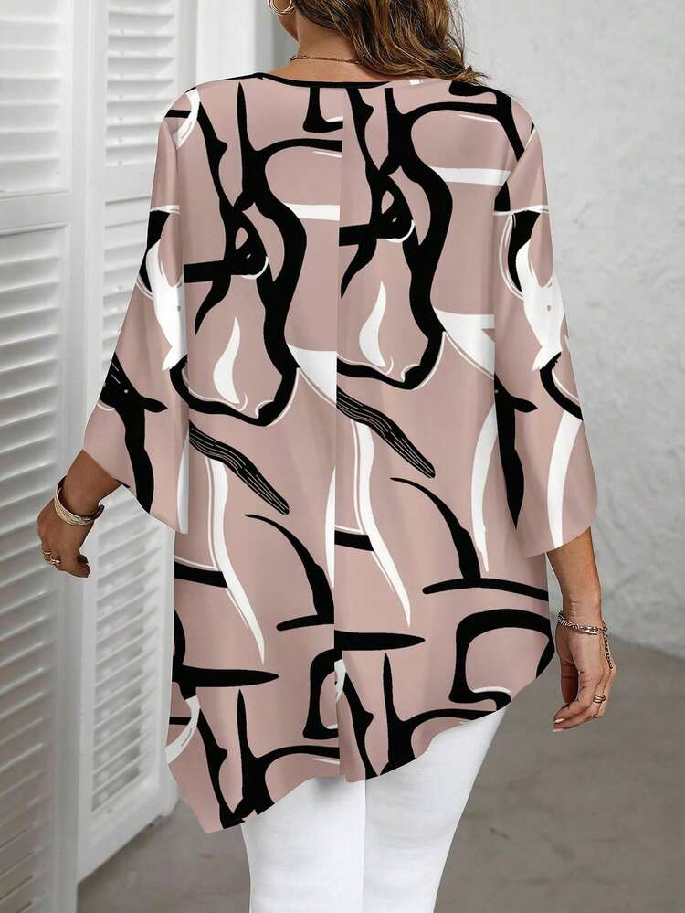 Plus Size Casual Asymmetric Hem Allover Print Shirt