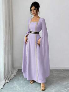 Rafferiza 女士优雅金色编织腰带奢华亮片串珠开衩长袖派对连衣裙，秋季时尚 - 淡紫色 - 查看 7