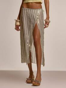 MUSERA 裹身系带条纹亮片细节飘逸中长裙可爱春夏性感外出海滩度假蜜月装 - 綠色 - 查看 2