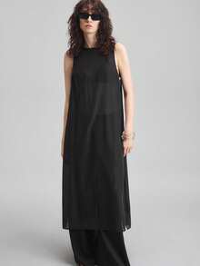 Ontre Bộ trang phục tốt nghiệp 2026SS, hàng mới về năm 2025, quần áo nữ mùa hè, trang phục nữ, áo dài không tay cổ tròn dáng suông, hơi xuyên thấu, cài cúc bên hông, phong cách thành thị, trang phục công sở thường ngày thời trang. - màu đen - Xem 6