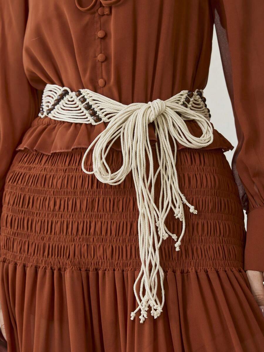 MOTF PREMIUM NEW BOHEMIAN STYLE BEADED FRINGED BELT - White - View 1