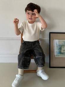 Hapijoa Toddler Boys' Casual Solid Color Round Neck Short Sleeve Top, Summer - Beige - View 4