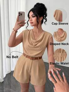 Elenzga Women's Plus Size Elegant 2 Piece Set,Sleeveless Blazer&Classy Shorts,Tie Dye,Summer,Casual,Everyday Luxury Suit,Versatile Waistcoat&Asymmetrical Top - Khaki - View 3