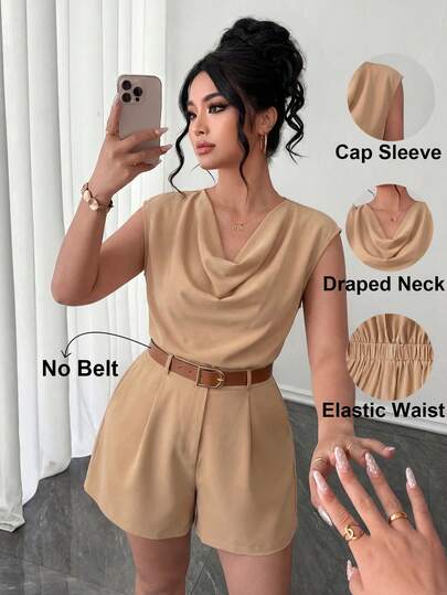 Elenzga Mono sin mangas de unicolor con cintura ceñida para mujer, estilo minimalista y elegante adecuado para el trabajo, citas en cafeterías y uso casual los fines de semana