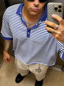 Manfinity Dauomo Casual Fashionable Men's Striped Print Retro Short Sleeve T-Shirt, Spring/Summer - Blue and White - View 4