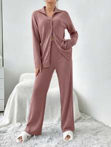 EURMUSE Plus 100%Cotton Shirt Style Buttoned Striped Dark Burgundy 2 Pieces Pajama Set - Rusty Rose - View 6