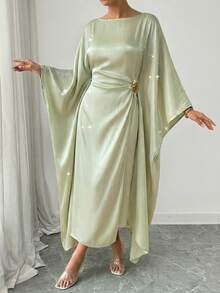 Rafferiza 春夏时尚中东风宽松连衣裙，腰部可调节，金属扣装饰，均码 - 綠色 - 查看 6