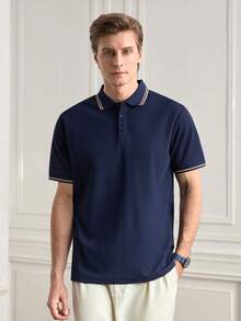 Officeau 1 件男士短袖纯色 Polo 衫，休闲商务风格翻领，夏季 - 藏蓝色 - 查看 4