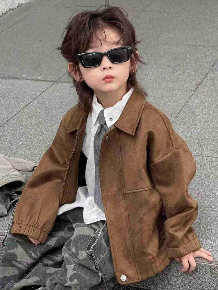 Young Boy Retro Casual Brown Jacket, Autumn