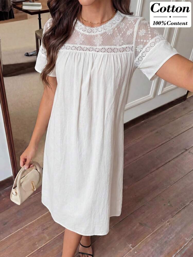 White Cotton Lace Trim Short Sleeve Loose Shift Dress Elegant Casual Summer Beach Vacation Outfit White Top Summer Dress Beach Dress Casual Dresses For Women Elegant Dresses For Women Summer Clothes Vacation Outfits,Vacation Dresses,Summer Holiday Outfits,Graduation Outfit For Mother White Dress,Summer Outfits For Women Boho White Dress Short Sleeve White Dress White Casual Dress