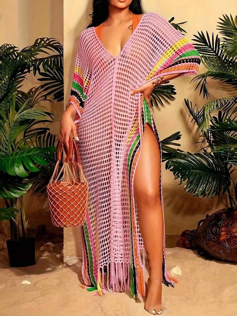 BamGleam Halter Neck Knit See-Through Dress Maxi Women Outfit - Baby Pink - View 1