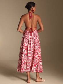 Swim Oasis Printed Halter Backless Mid-Length Dress - Red - View 2